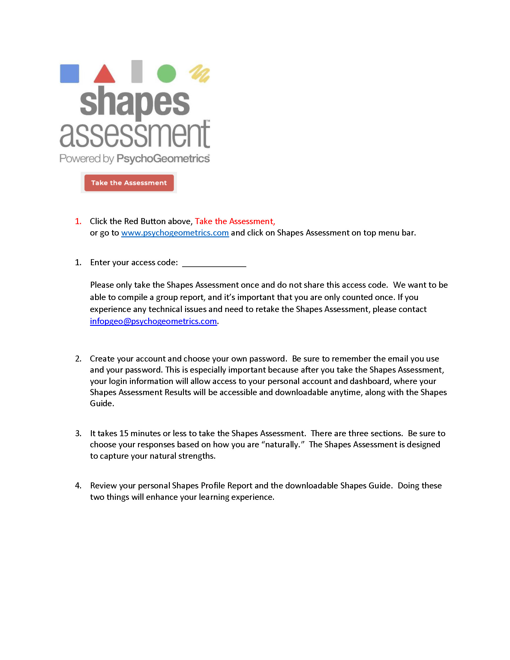Instructions to take the Shapes Online Assessment